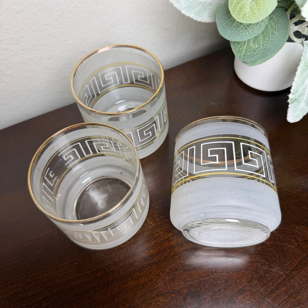 Vintage Frosted Greek Key Rocks Glasses Gold Rim MCM Lowball Set of 3 White Gold